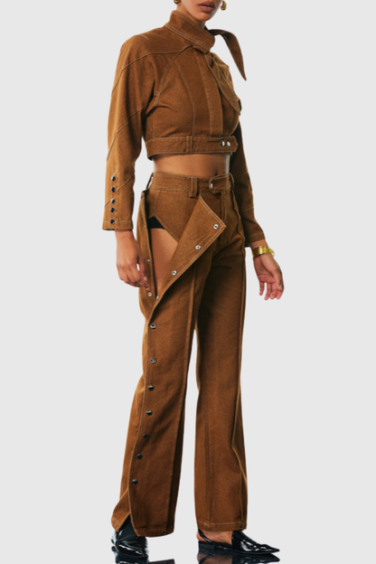 Eleni Lace Up Buckle Denim Jacket & Pants Set