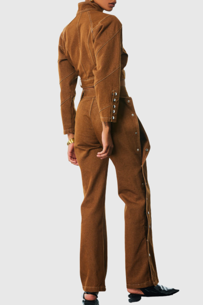 Eleni Lace Up Buckle Denim Jacket & Pants Set