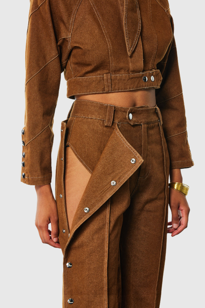 Eleni Lace Up Buckle Denim Jacket & Pants Set