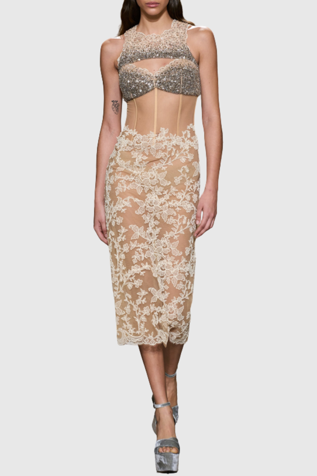Elioya Crystal Corset Lace Sleeveless Midi Dress - Beige