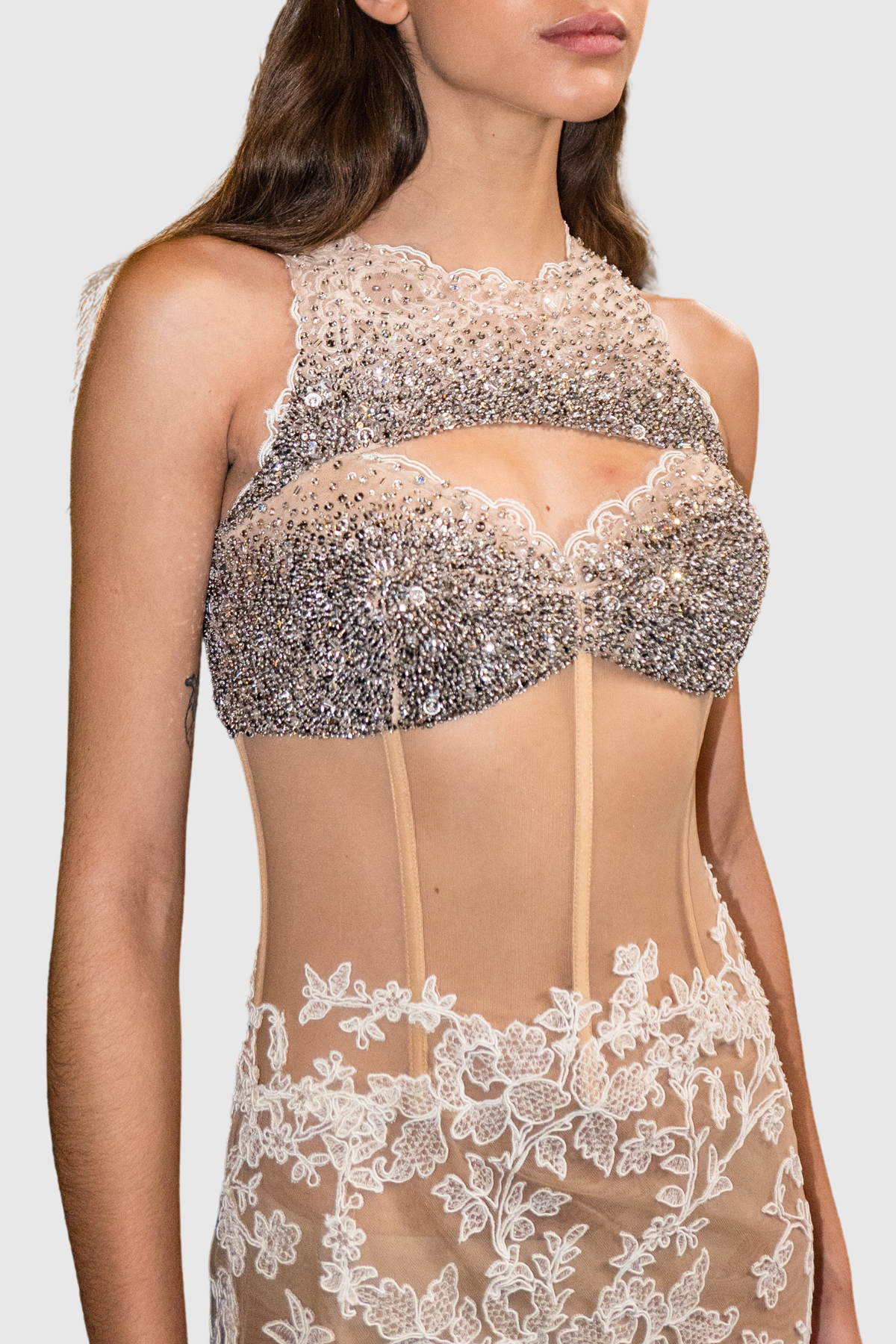 Elioya Crystal Corset Lace Sleeveless Midi Dress - Beige