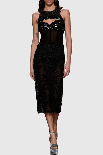 Elioya Crystal Corset Lace Sleeveless Midi Dress - Black