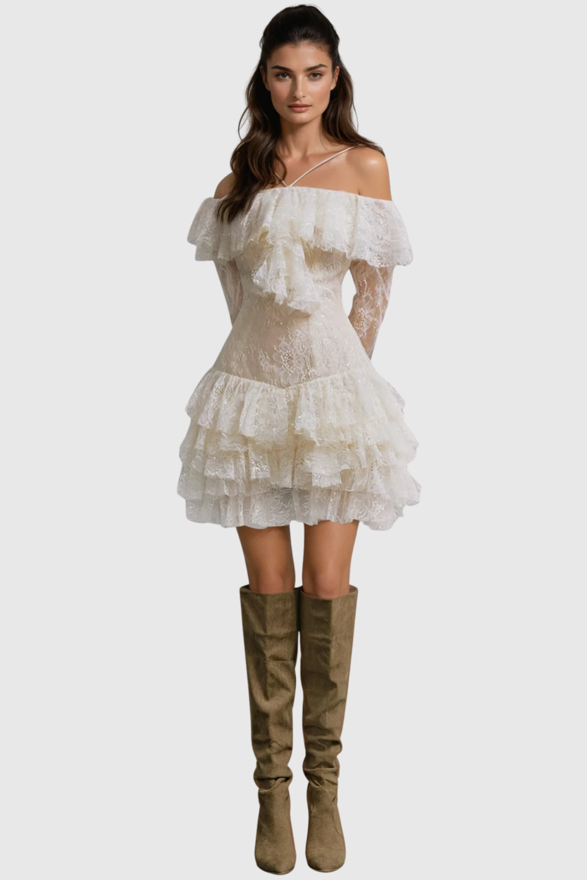 Elisha Off Shoulder Lace Ruffle Mini Dress