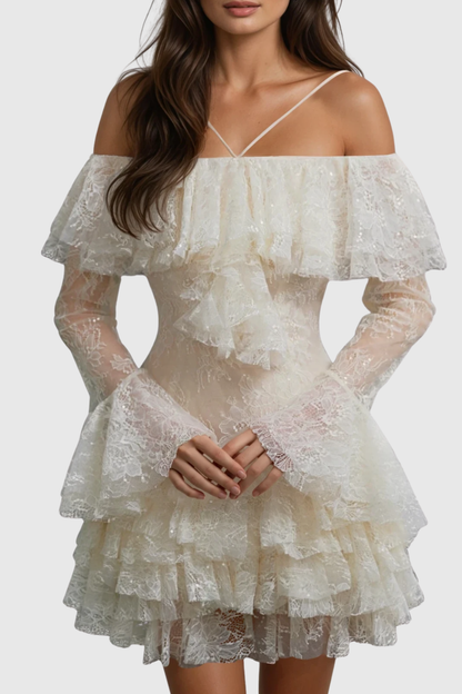 Elisha Off Shoulder Lace Ruffle Mini Dress