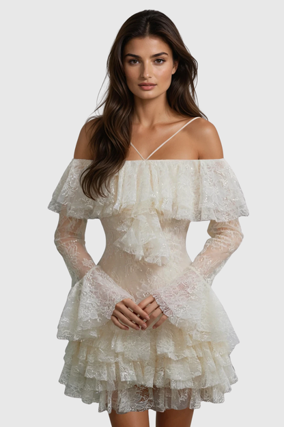 Elisha Off Shoulder Lace Ruffle Mini Dress