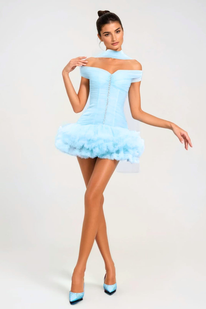 Elisheba Off Shoulder Crystal Tulle Mini Dress - Blue