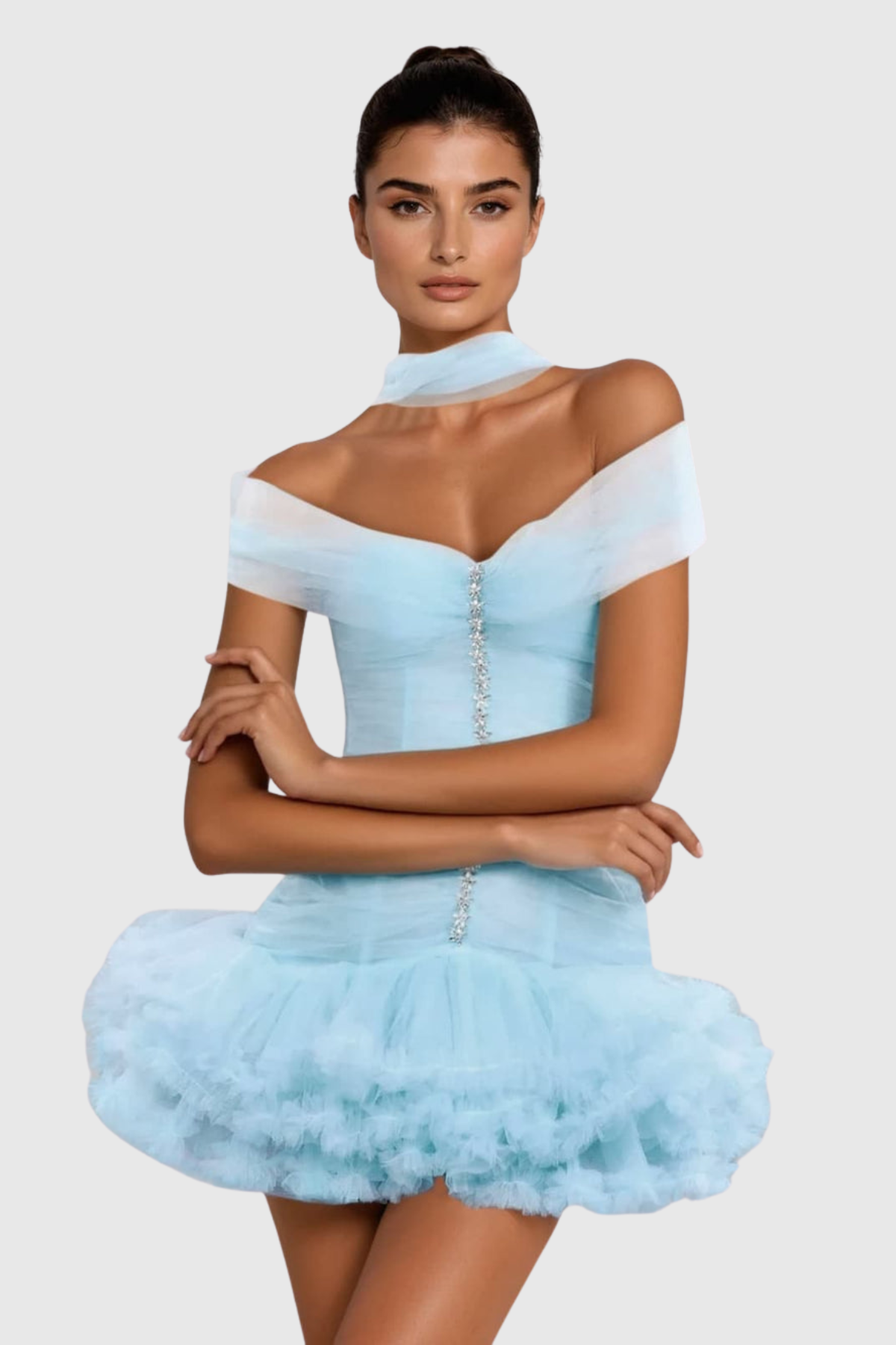 Elisheba Off Shoulder Crystal Tulle Mini Dress - Blue