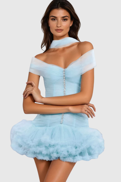 Elisheba Off Shoulder Crystal Tulle Mini Dress - Blue