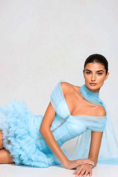 Elisheba Off Shoulder Crystal Tulle Mini Dress - Blue