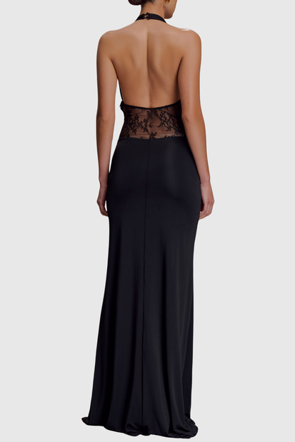 Elissa Halter Lace Draped Maxi Dress - Black