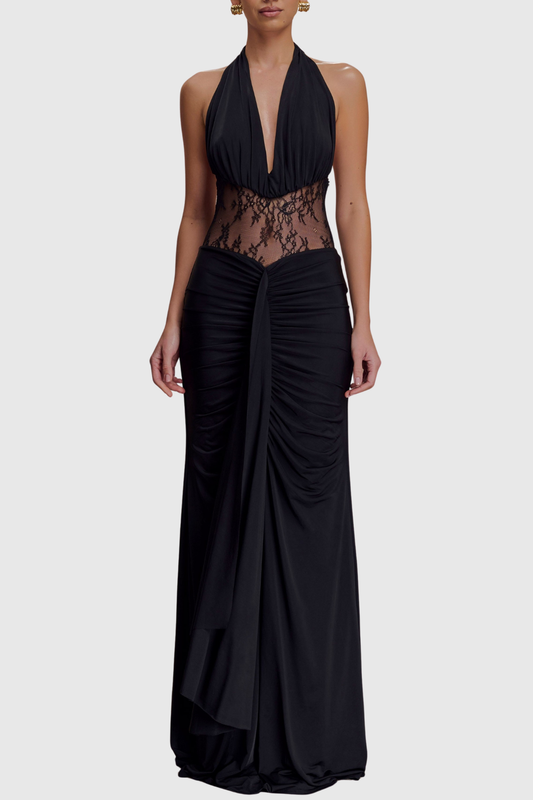 Elissa Halter Lace Draped Maxi Dress - Black