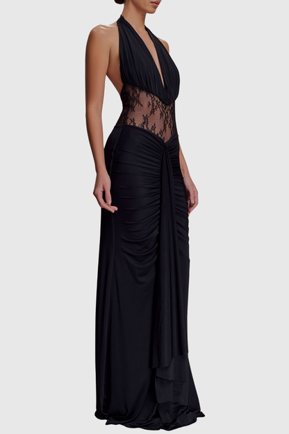 Elissa Halter Lace Draped Maxi Dress - Black