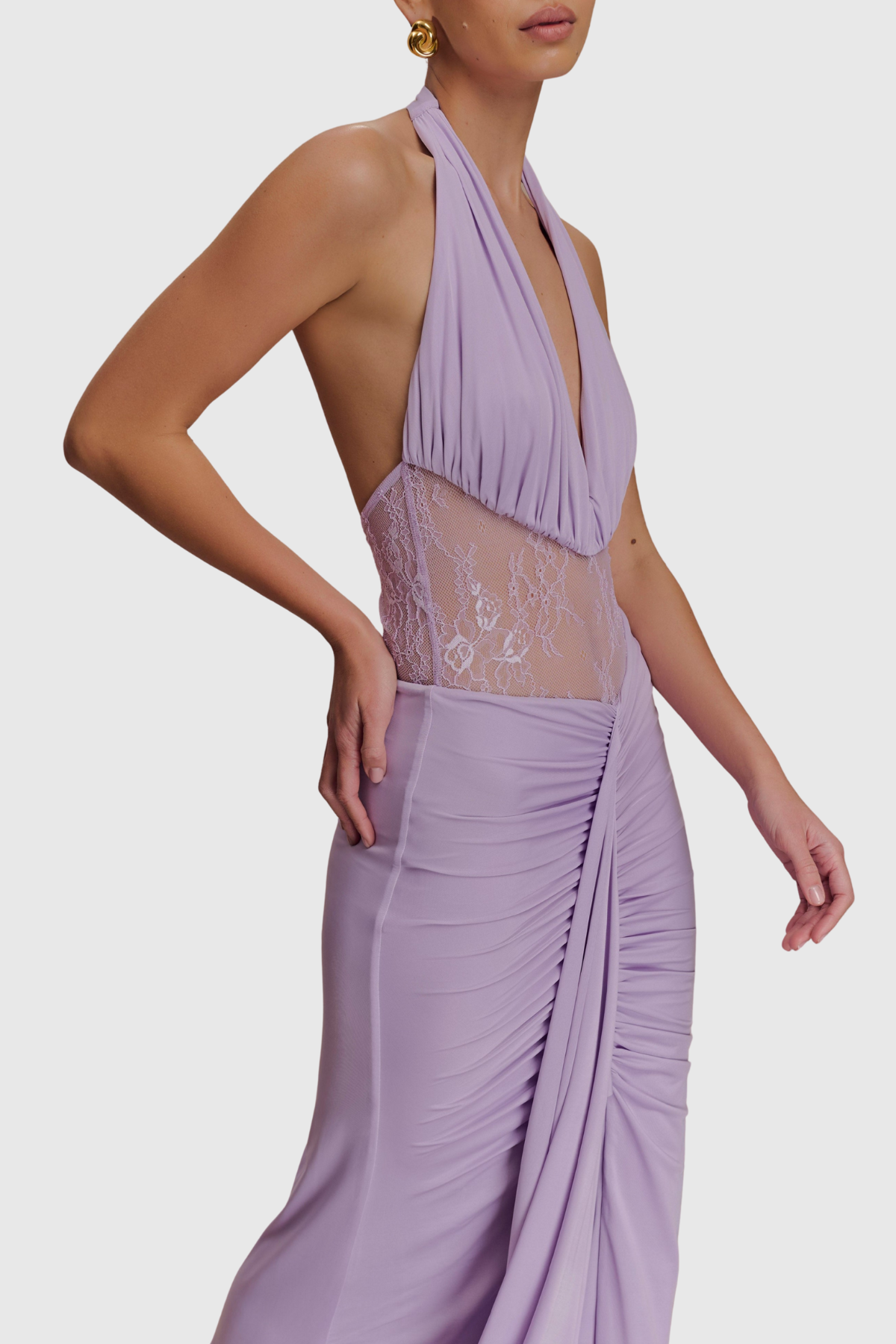 Elissa Halter Lace Draped Maxi Dress - Purple