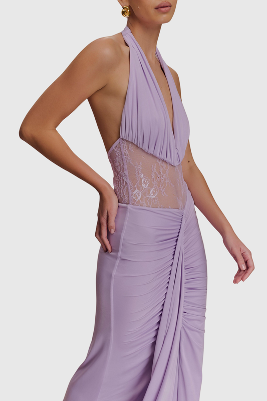 Elissa Halter Lace Draped Maxi Dress - Purple