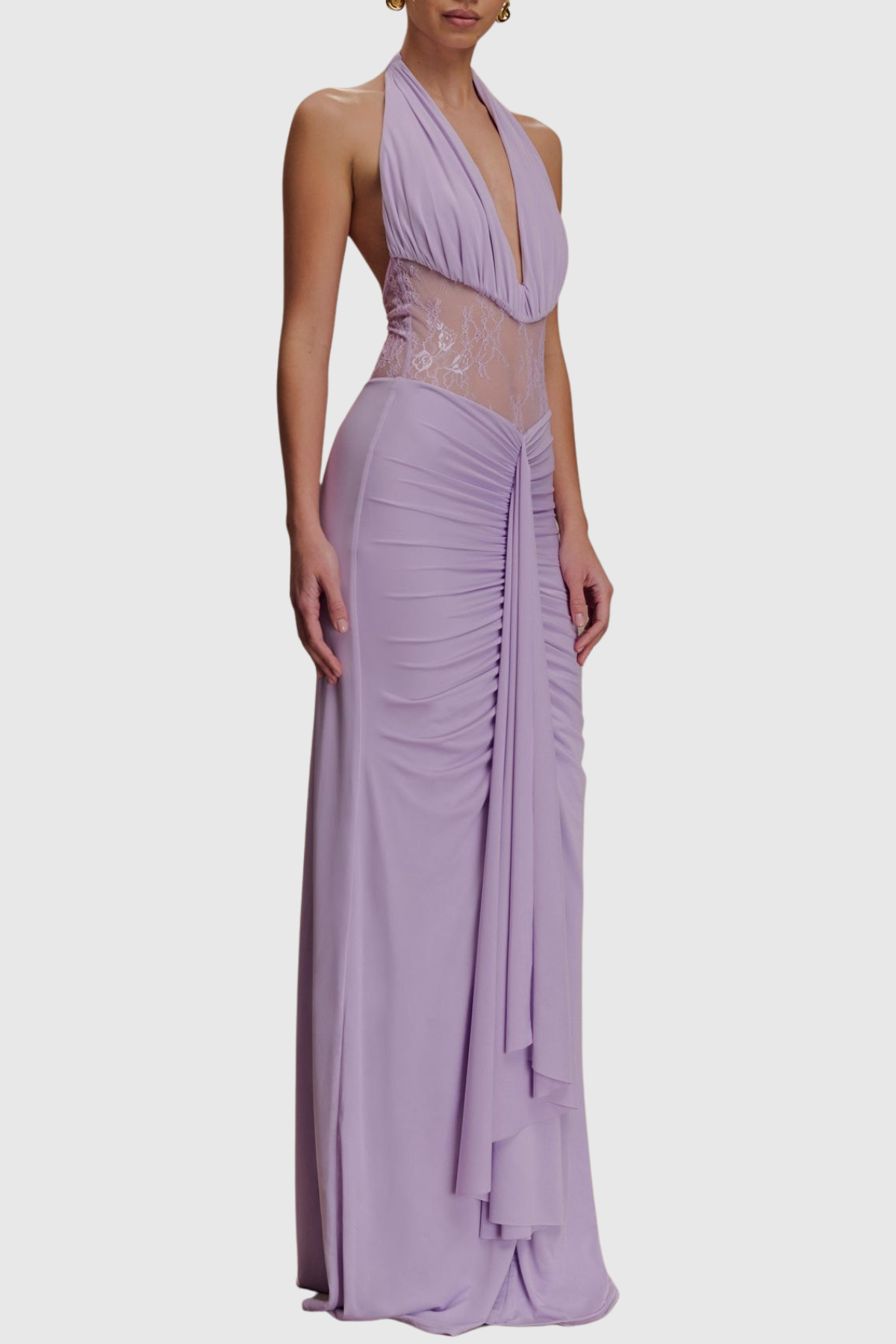 Elissa Halter Lace Draped Maxi Dress - Purple