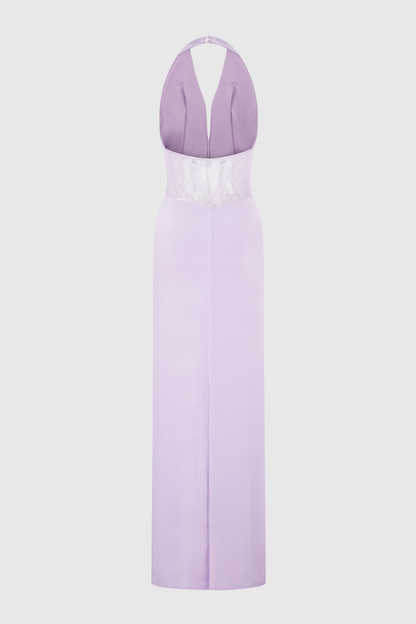 Elissa Halter Lace Draped Maxi Dress - Purple