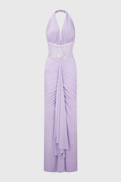 Elissa Halter Lace Draped Maxi Dress - Purple