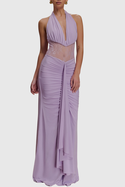 Elissa Halter Lace Draped Maxi Dress - Purple