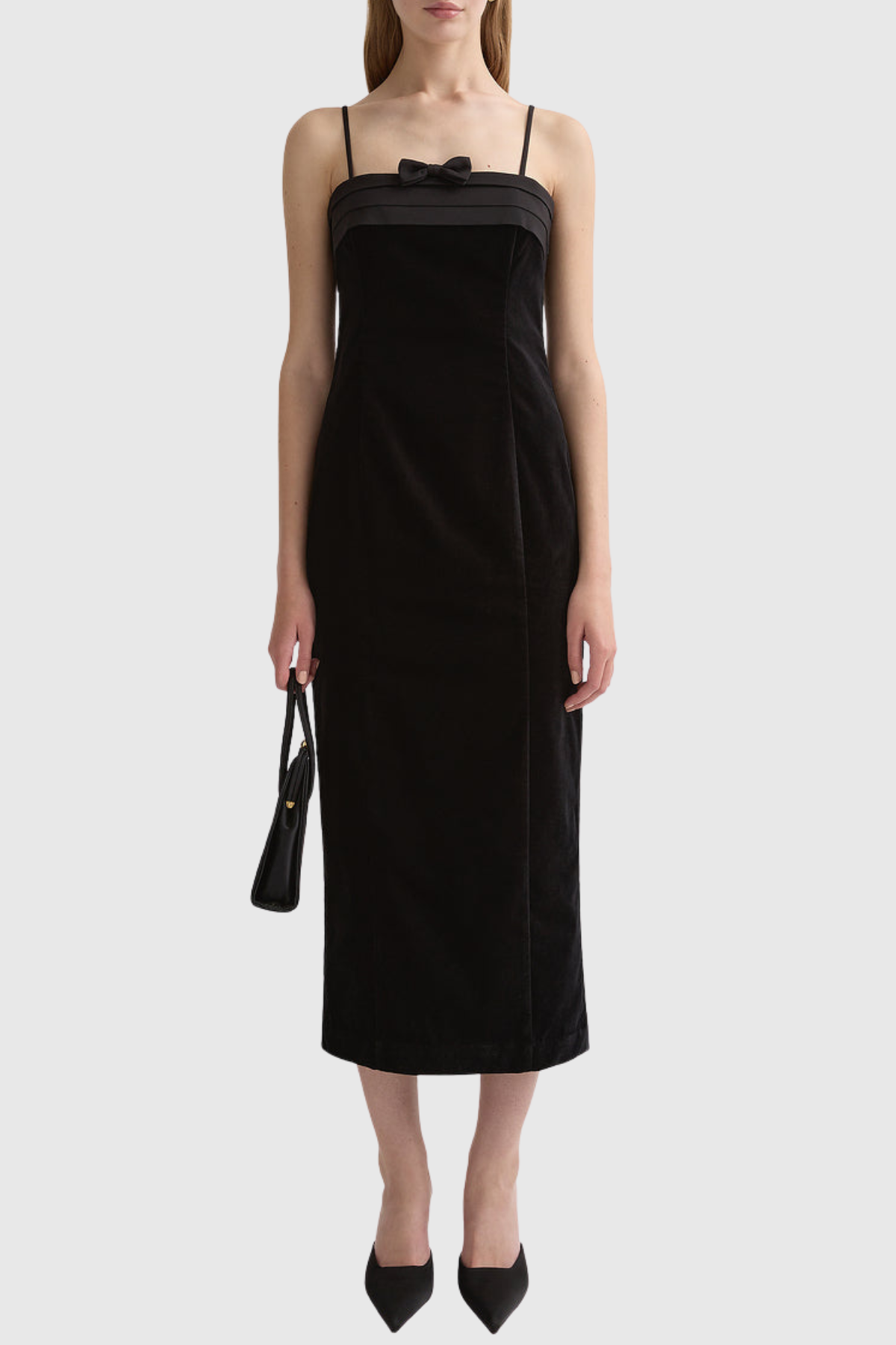 Elmer Bow Strapless Velvet Midi Dress