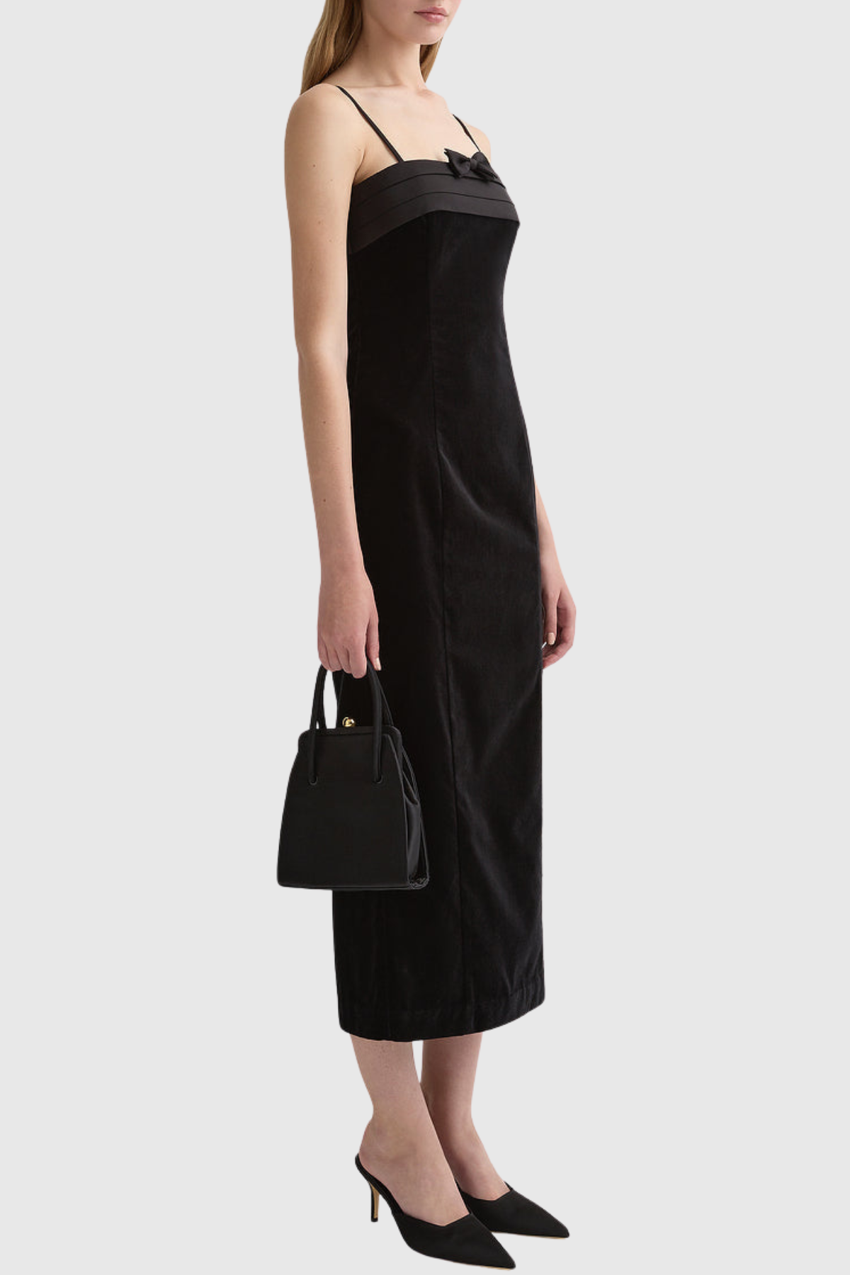 Elmer Bow Strapless Velvet Midi Dress