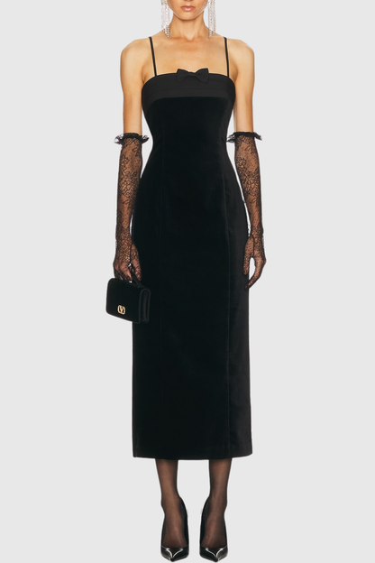Elmer Bow Strapless Velvet Midi Dress