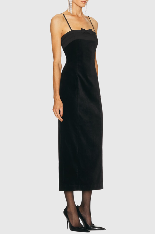 Elmer Bow Strapless Velvet Midi Dress