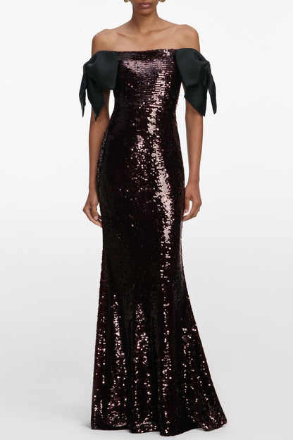 Elska Off Shoulder Bow Sequin Maxi Dress