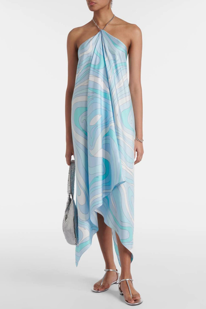Emeline Asymmetric Halter Print Midi Dress