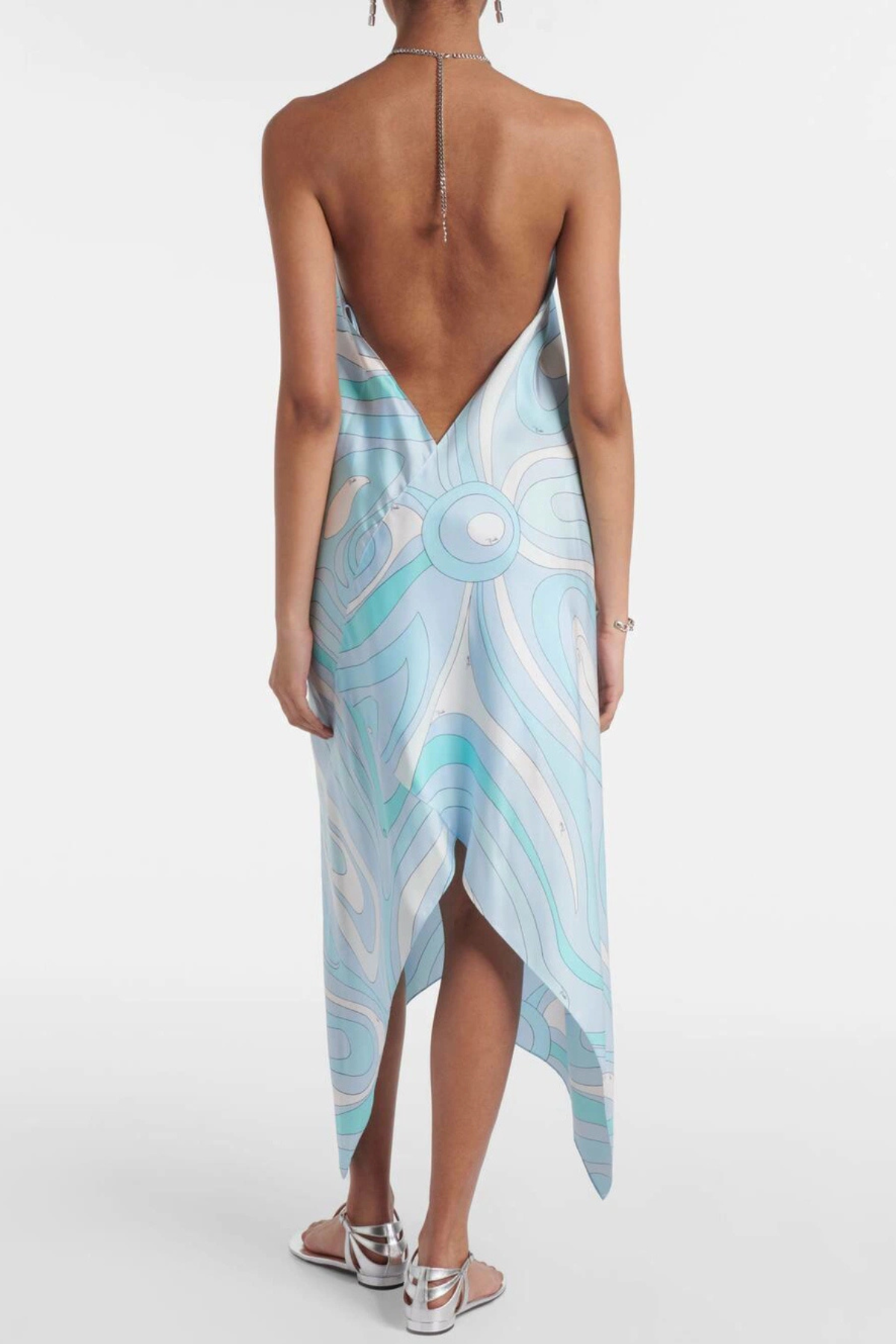 Emeline Asymmetric Halter Print Midi Dress