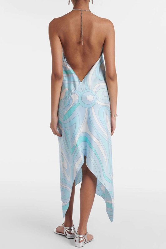 Emeline Asymmetric Halter Print Midi Dress