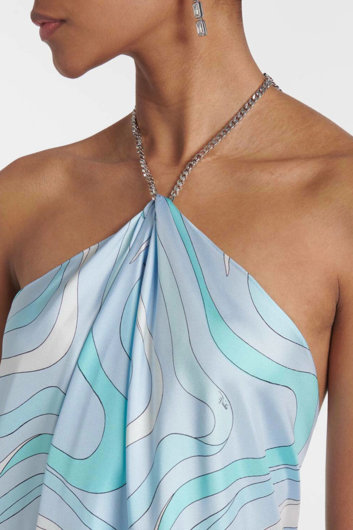 Emeline Asymmetric Halter Print Midi Dress