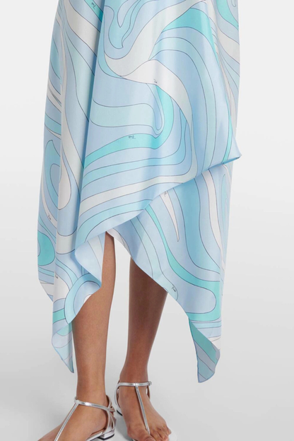 Emeline Asymmetric Halter Print Midi Dress