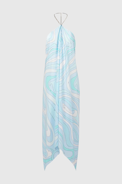 Emeline Asymmetric Halter Print Midi Dress
