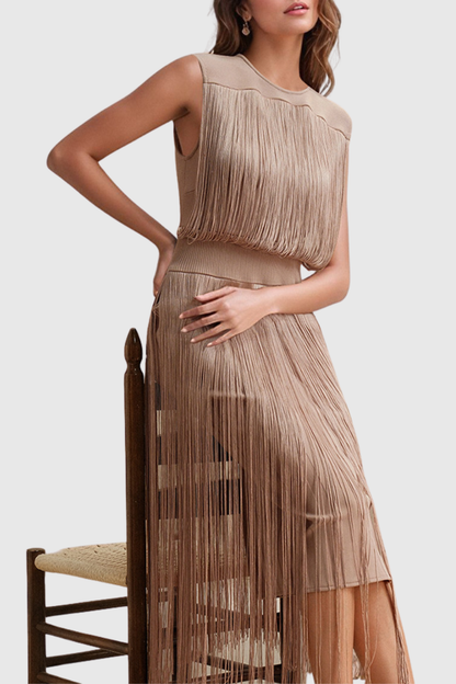 Emero Sleevelss Fringe Maxi Bandage Dress