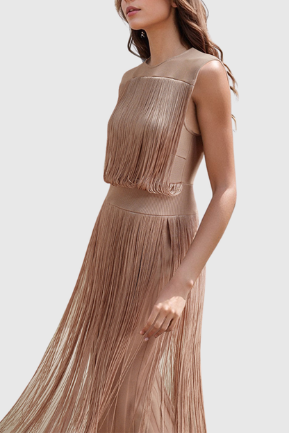 Emero Sleevelss Fringe Maxi Bandage Dress