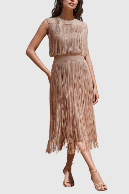 Emero Sleevelss Fringe Maxi Bandage Dress