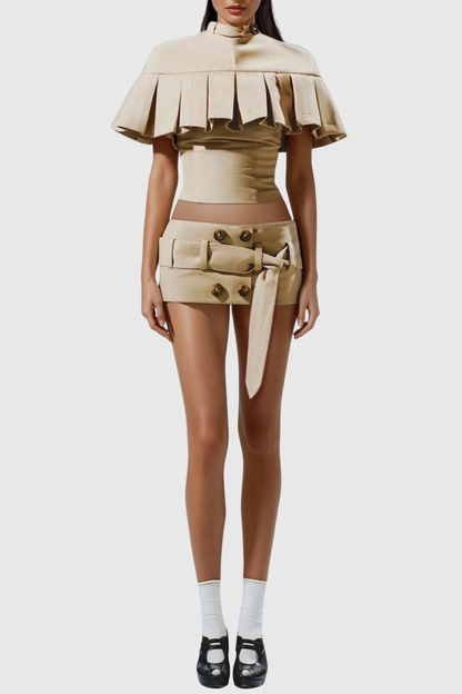 Emetria Pleated Shawl & Mini Skirt Set