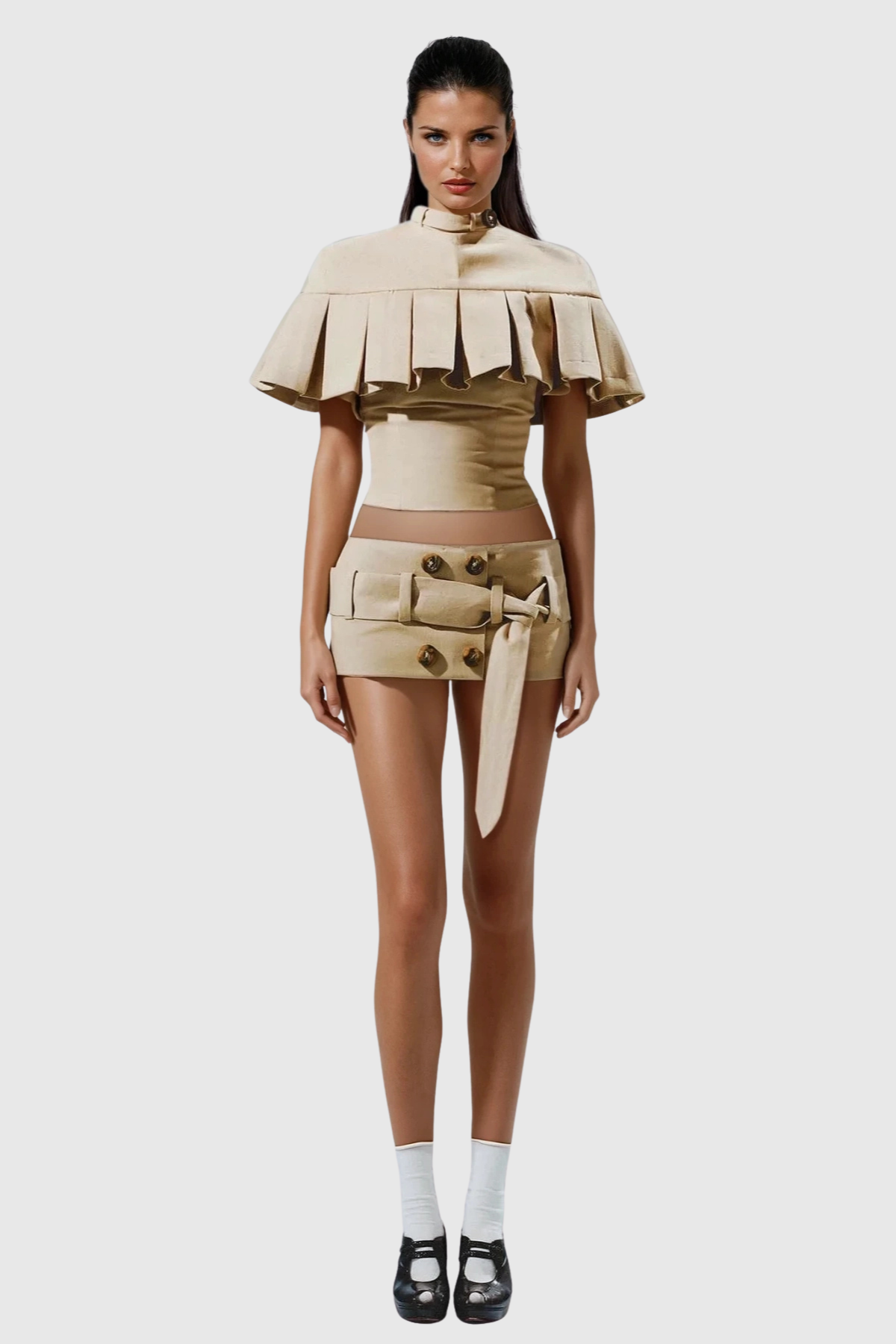 Emetria Pleated Shawl & Mini Skirt Set