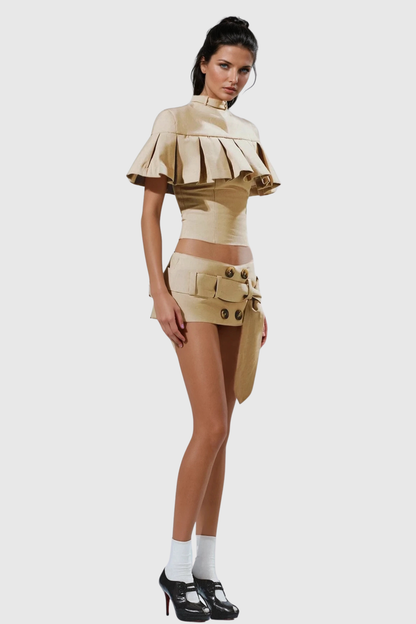 Emetria Pleated Shawl & Mini Skirt Set