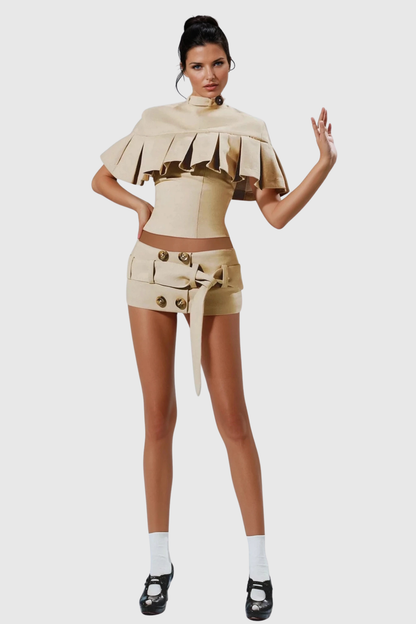 Emetria Pleated Shawl & Mini Skirt Set
