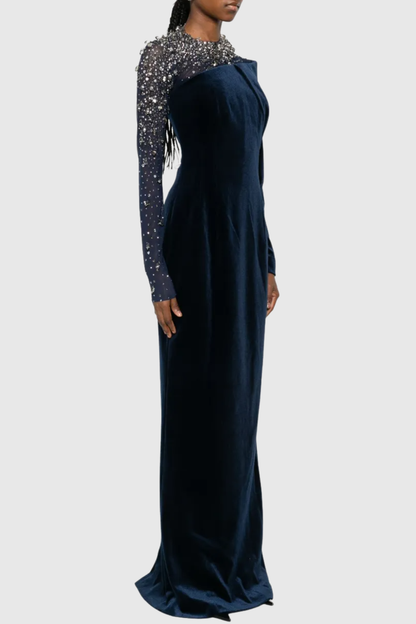 Emilio Crystal Embellished Asymmetric Velvet Maxi Dress