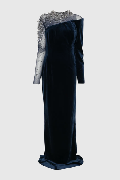 Emilio Crystal Embellished Asymmetric Velvet Maxi Dress