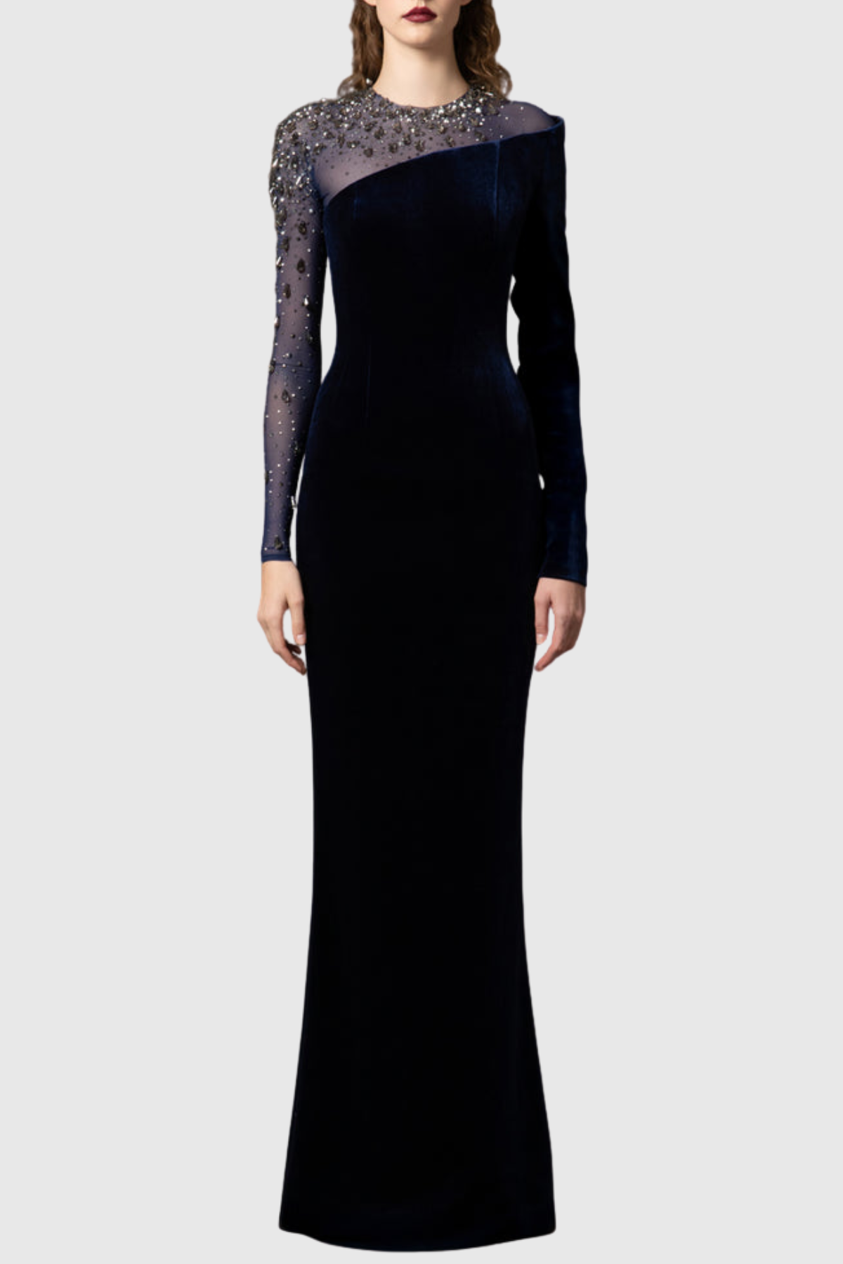 Emilio Crystal Embellished Asymmetric Velvet Maxi Dress