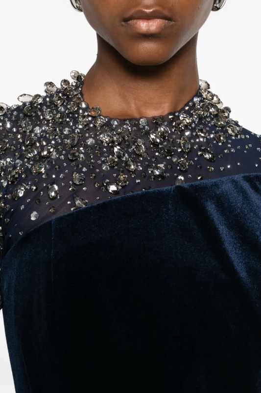 Emilio Crystal Embellished Asymmetric Velvet Maxi Dress