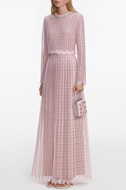 Emilo Crystal Embellished Lace Belted Maxi Dress