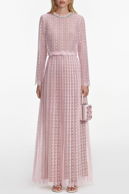 Emilo Crystal Embellished Lace Belted Maxi Dress