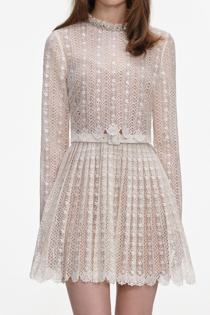Emilo Crystal Embellished Lace Belted Mini Dress