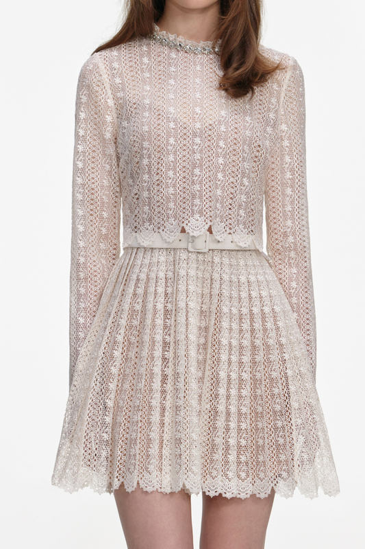 Emilo Crystal Embellished Lace Belted Mini Dress
