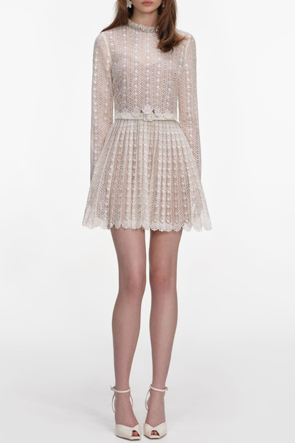 Emilo Crystal Embellished Lace Belted Mini Dress