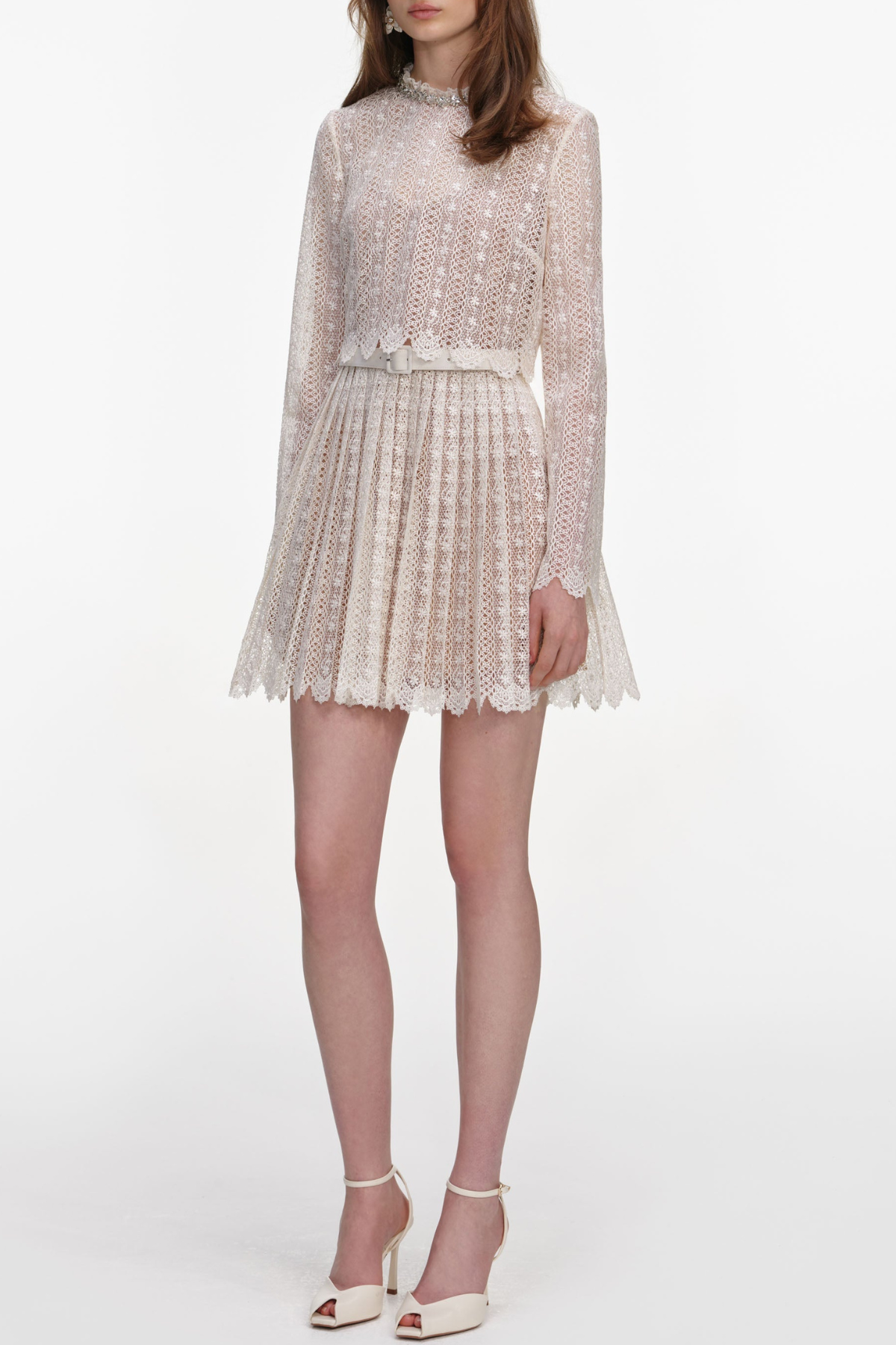 Emilo Crystal Embellished Lace Belted Mini Dress